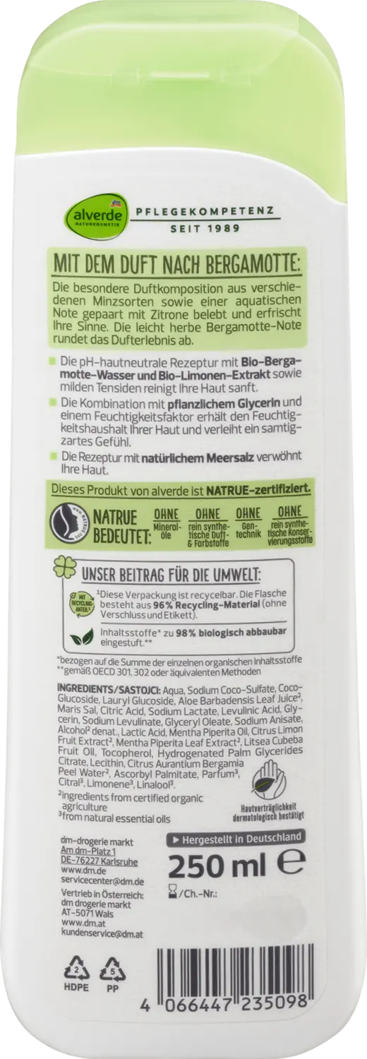Гель для душа alverde NATURKOSMETIK Duschgel Zeit für Glück Minze, Bergamotte, 250 ml — фото 2