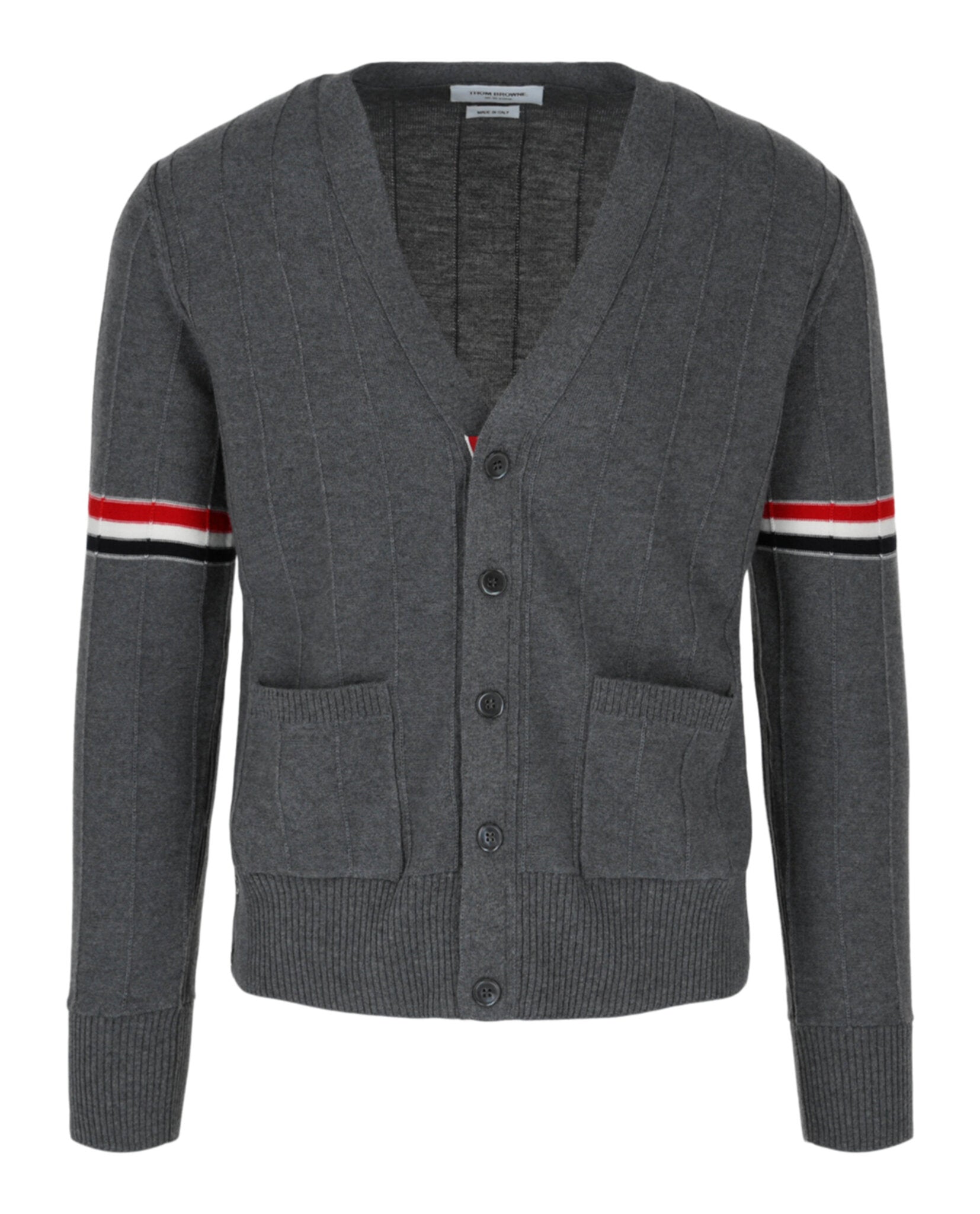 

Шерстяной свободный кардиган с V-образным вырезом и нарукавной повязкой Thom Browne, серый