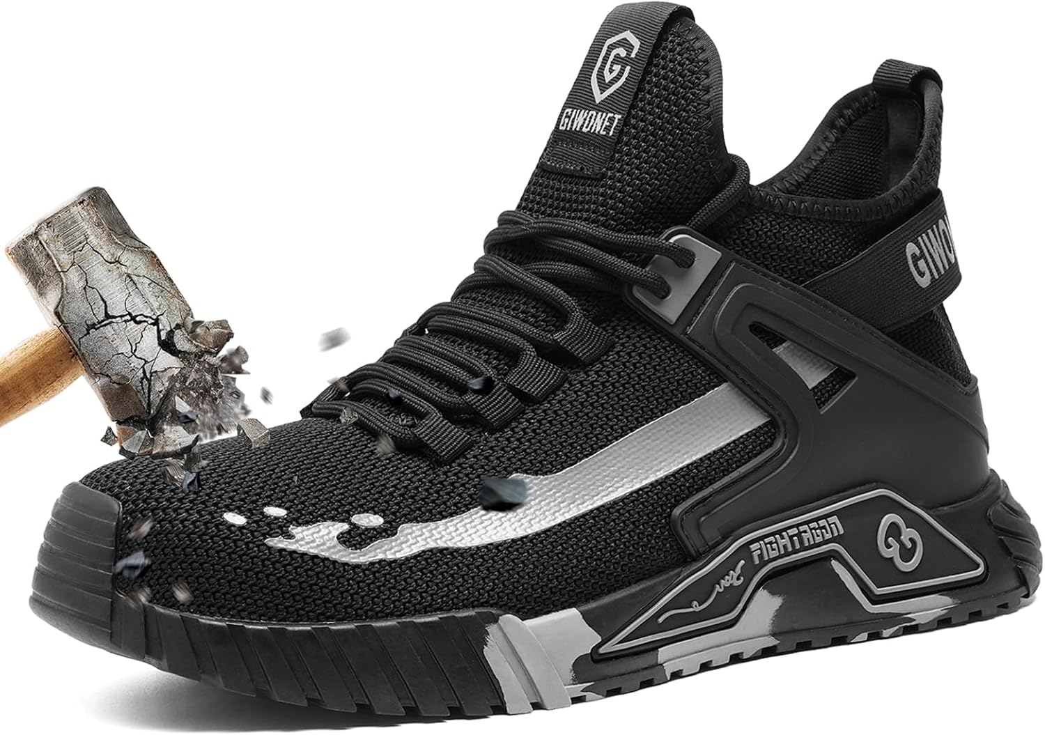 

Ботинки GIWONET с стальным носком для мужчин и женщин, дышащие, легкие, стойкие к скольжению, высокие, с защитным носком из композитного материала, прочные строительные ботинки, черный