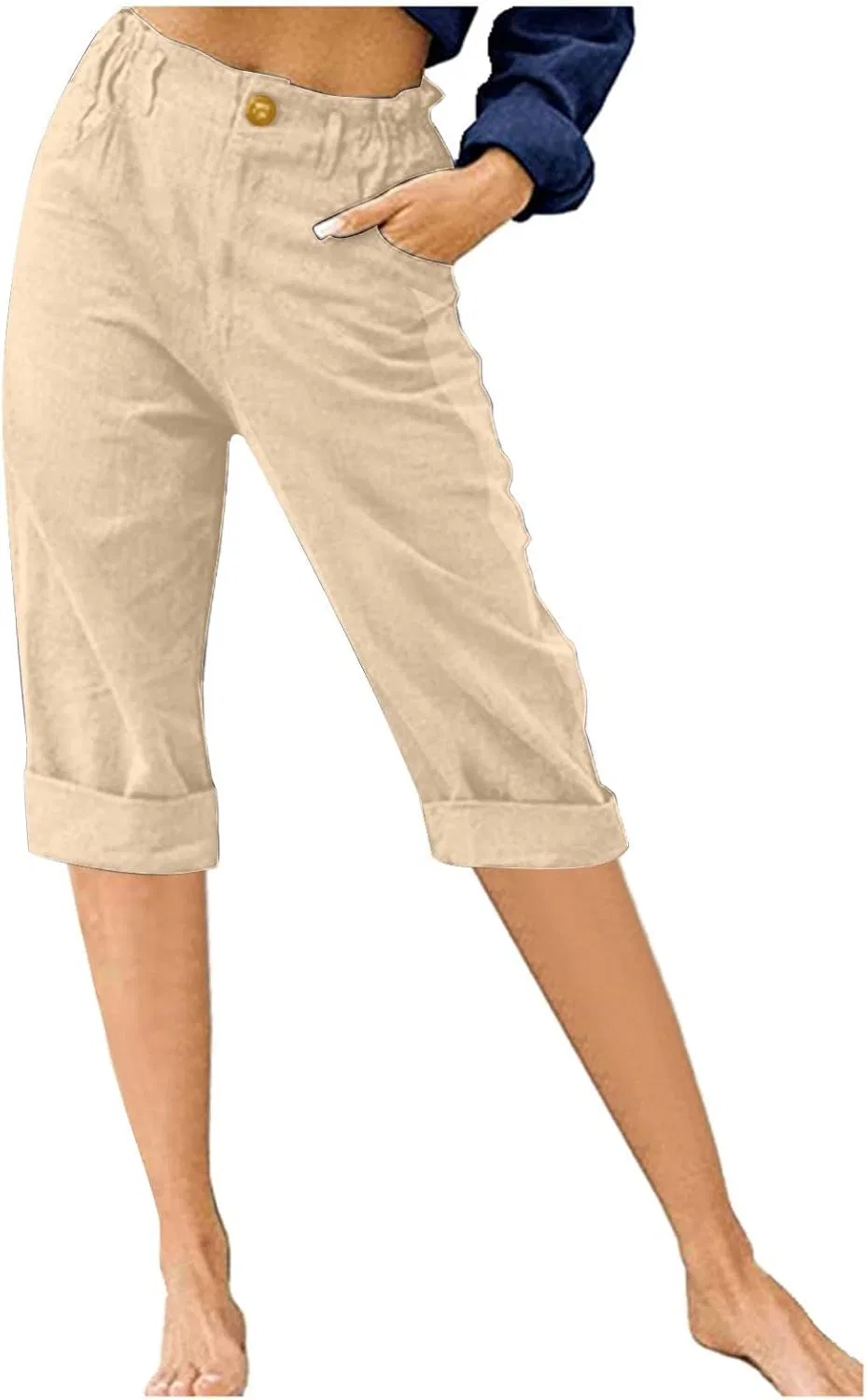 Капри из льна для женщин, повседневные, с эластичным поясом, Beige