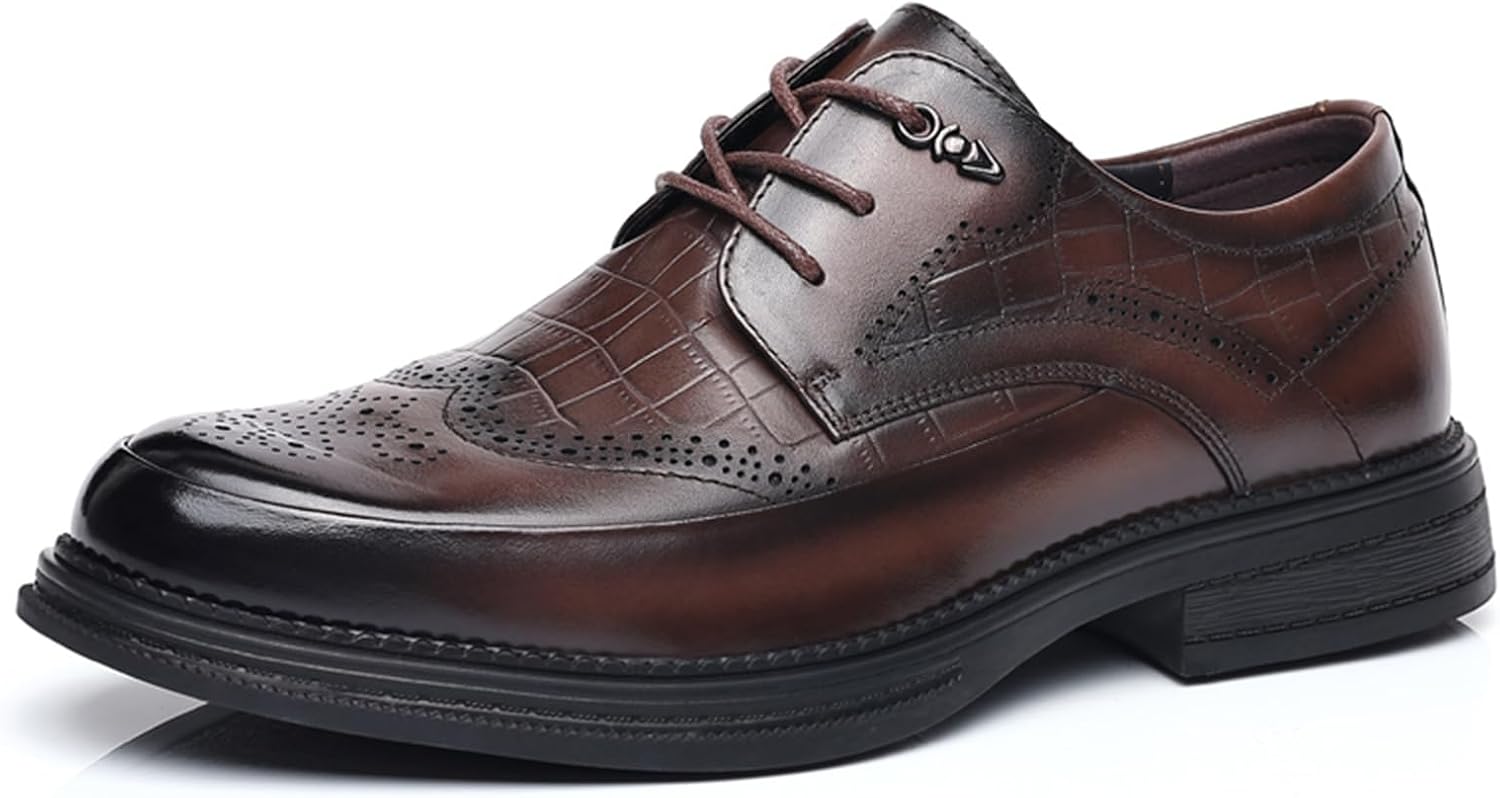 

Мужские оксфорды-броги из натуральной кожи, туфли с крылышком, шнуровкой, с закругленным отполированным носком, с принтом под крокодила и комбинированным дизайном, нескользящие дерби для бизнеса, работы в офисе и свадьбы Qklmwes, коричневый