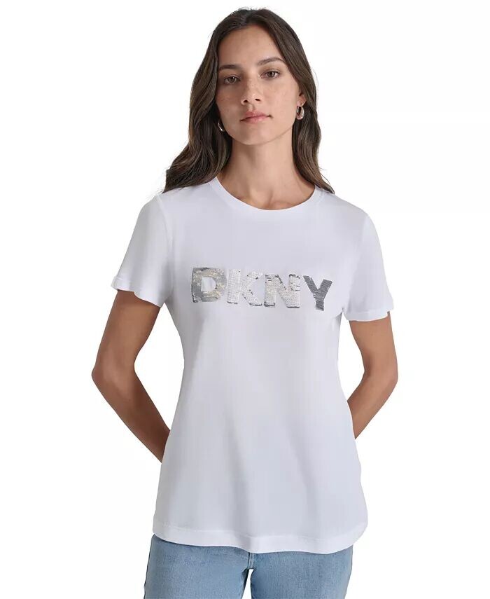 

Женская футболка с круглым вырезом и логотипом с пайетками DKNY Jeans, белый