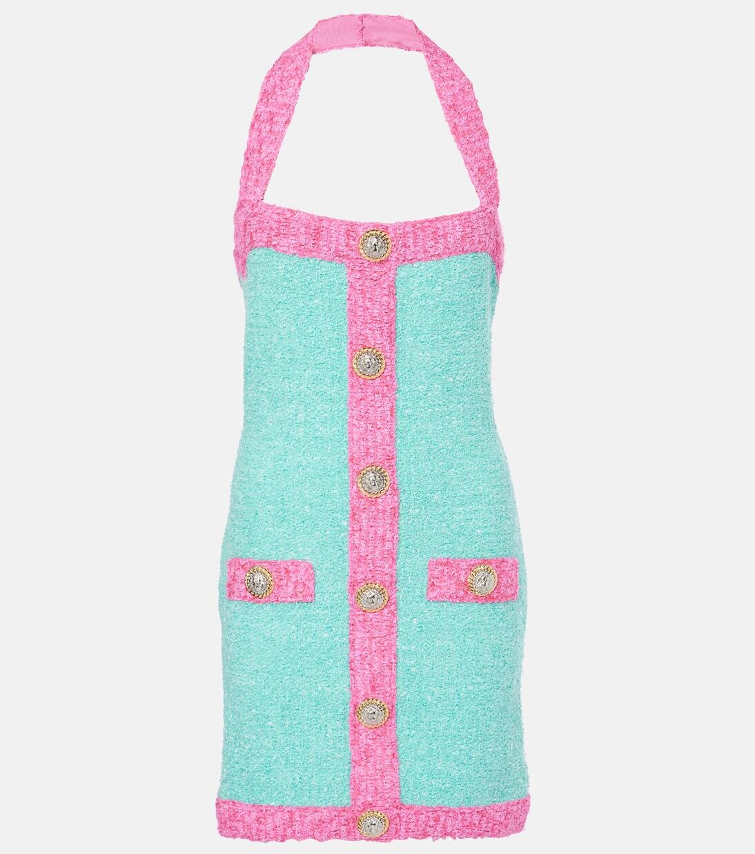 

Трикотажное мини-платье с халтер-воротником Balmain, цвет menthe/fuchsia
