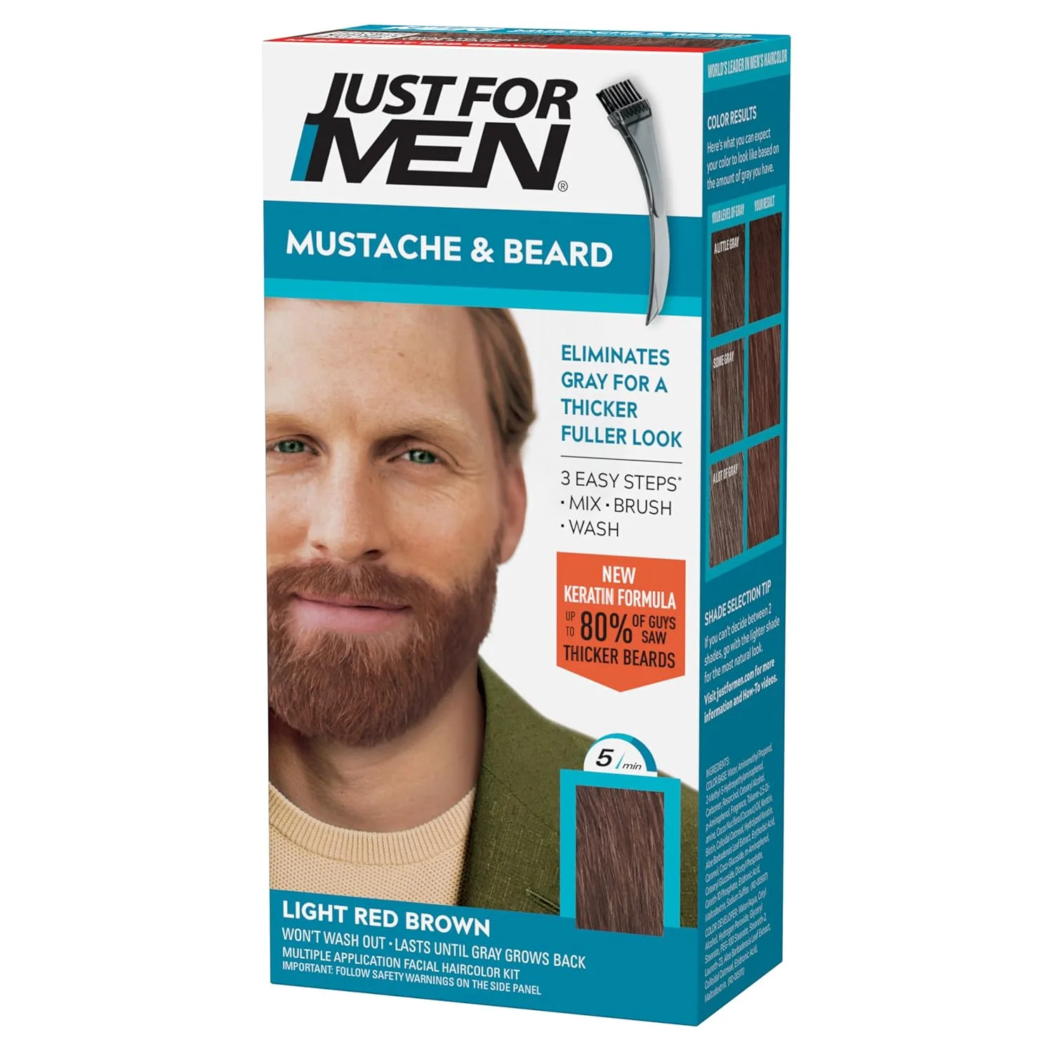 Just For Men Mustache & Beard, краска для бороды и усов с кистью, с кератином, биотином, алоэ и кокосовым маслом для здоровой растительности - Light Red Brown, M-27, 1 шт 1 штука (1 шт.), Light Red Brown M-27