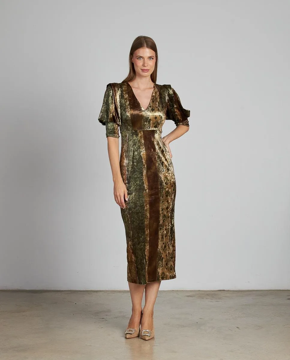 

Обтягивающее миди-платье с принтом и короткими пышными рукавами Alma en Pena, хаки