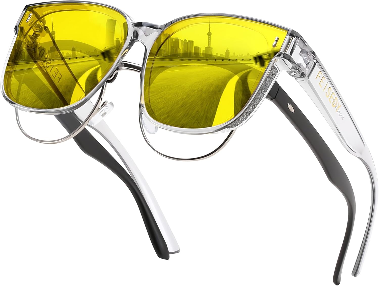 

Солнцезащитные очки FEISEDY, надеваемые поверх обычных очков, увеличенного размера, поляризованные, блестящие, для женщин, защита от ультрафиолета UV400, артикул B0269, Yellow Lens - Transparent Gray Frame