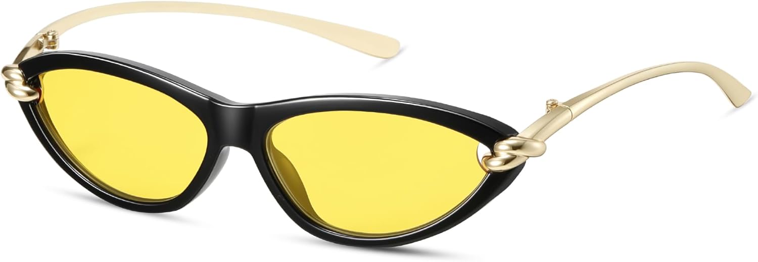 

Ретро-солнцезащитные очки «кошачий глаз» овальной формы для женщин, стиль Y2k, маленькие солнцезащитные очки «кошачий глаз», модные дизайнерские узкие очки для женщин в стиле 90-х, CS013 Cesunies, Black Frame/Yellow Lens