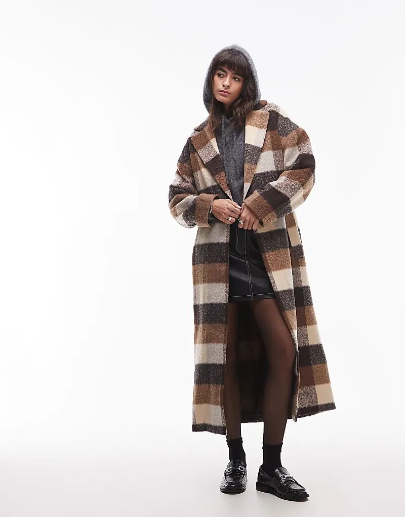 

Длинное пальто с поясом из искусственной шерсти в коричневую клетку Topshop