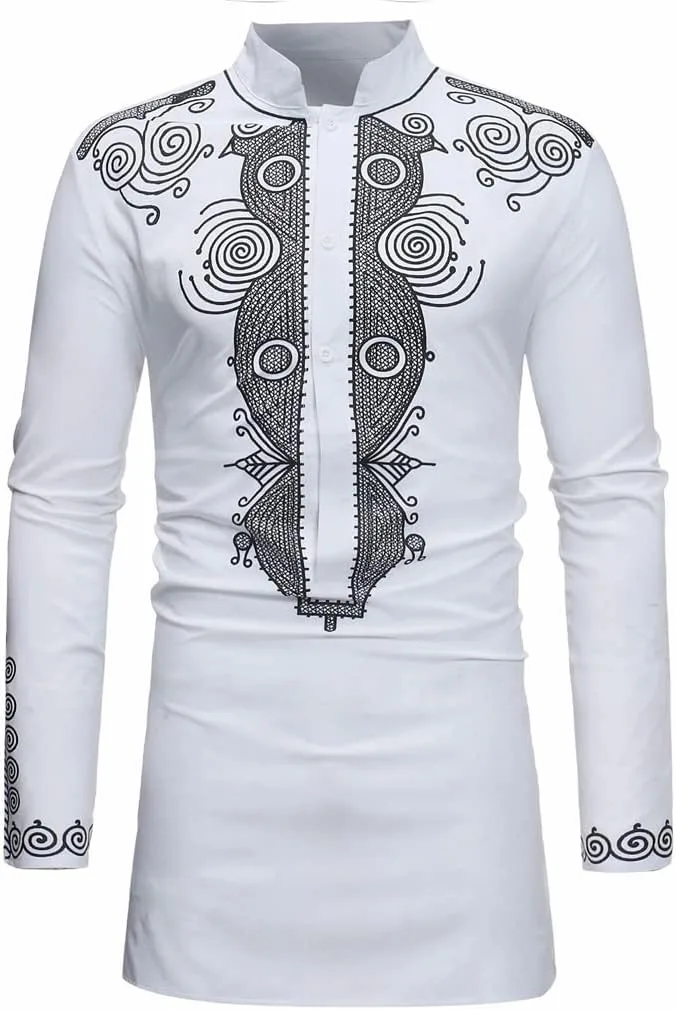 

Мужская рубашка африканского стиля Slim Fit с длинным рукавом и принтом Metallic Gold XSION