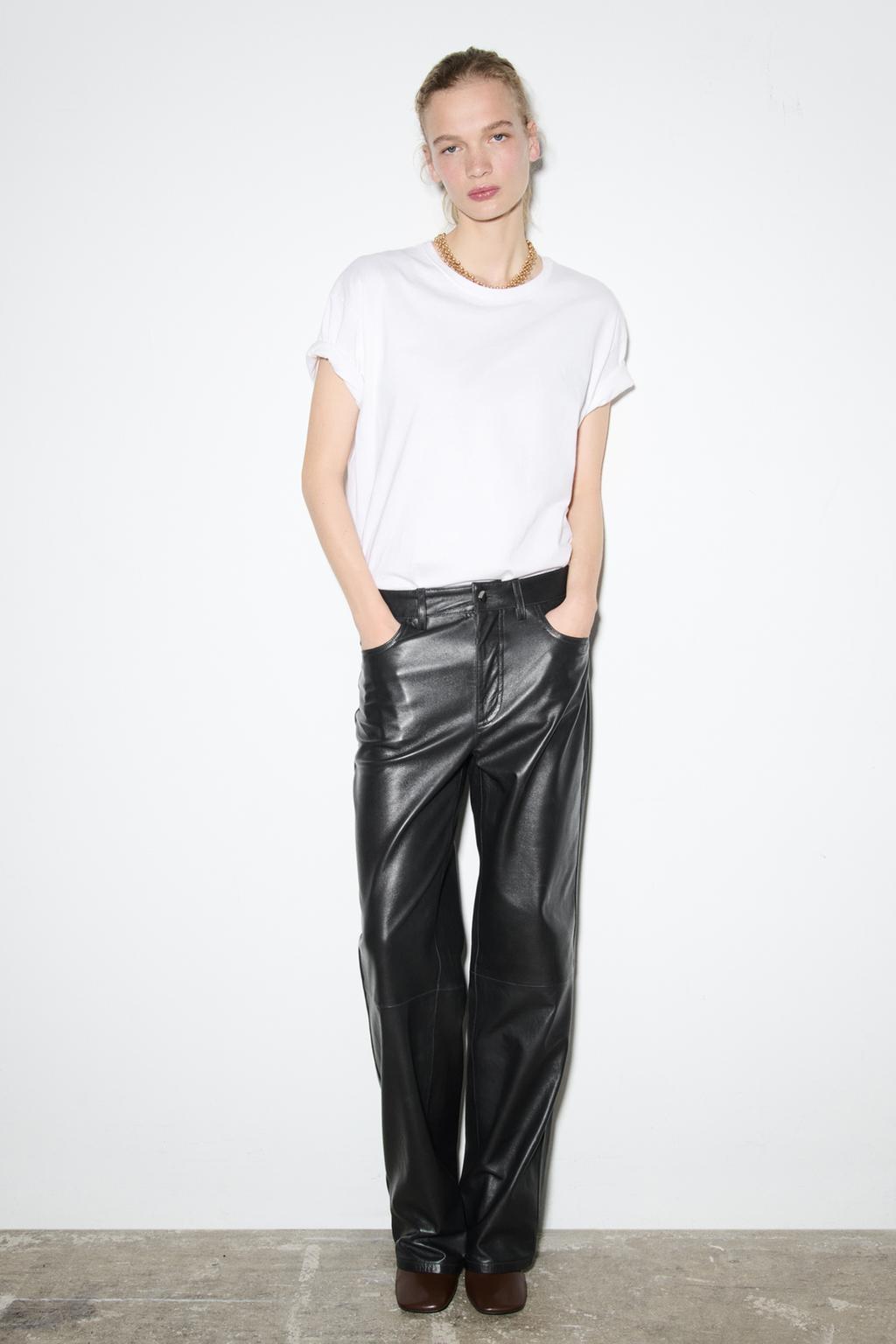 

Брюки прямого кроя из 100% кожи ZARA, цвет Dark anthracite