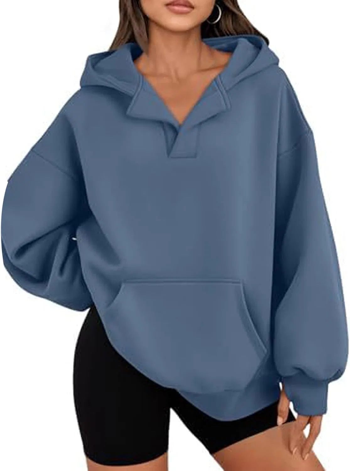 Женский оверсайз худи V-образный вырез, Polyester, Blue