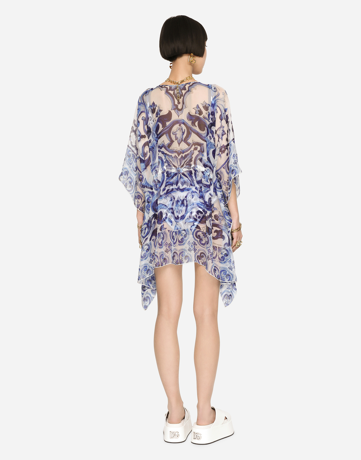 Короткий шифоновый кафтан с узором майолика Dolce & Gabbana, мультиколор — фото 3