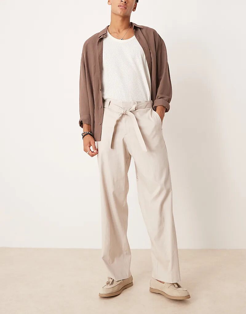 

Широкие брюки из льняной смеси ASOS DESIGN с поясом цвета «песок»