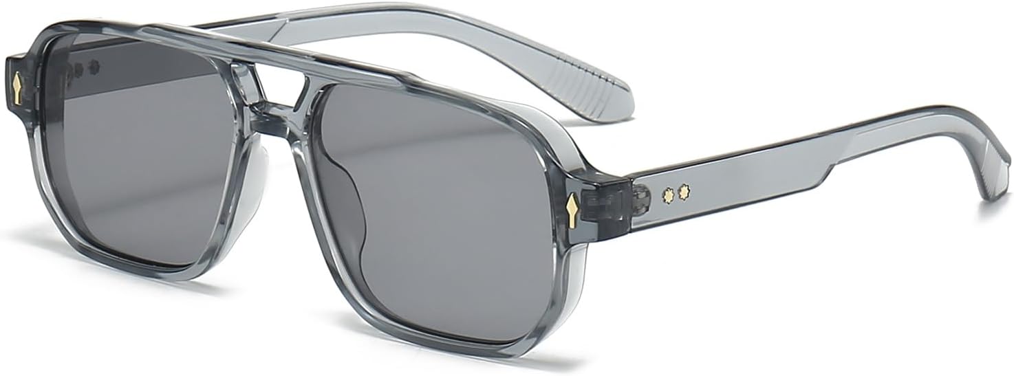 

Солнцезащитные очки YAMEIZE Pilot Double Bridge Rectangle - в стиле ретро 70-х, квадратные, с защитой от УФ-излучения UV400, для вождения, для женщин и мужчин, Clear Grey