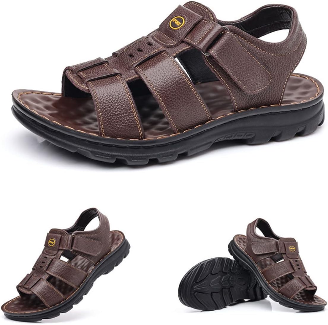 

Мужские летние повседневные кожаные сандалии Hopomart с открытым носком для улицы, регулируемые пляжные туфли, противоскользящие, износостойкие, повседневная обувь, коричневый