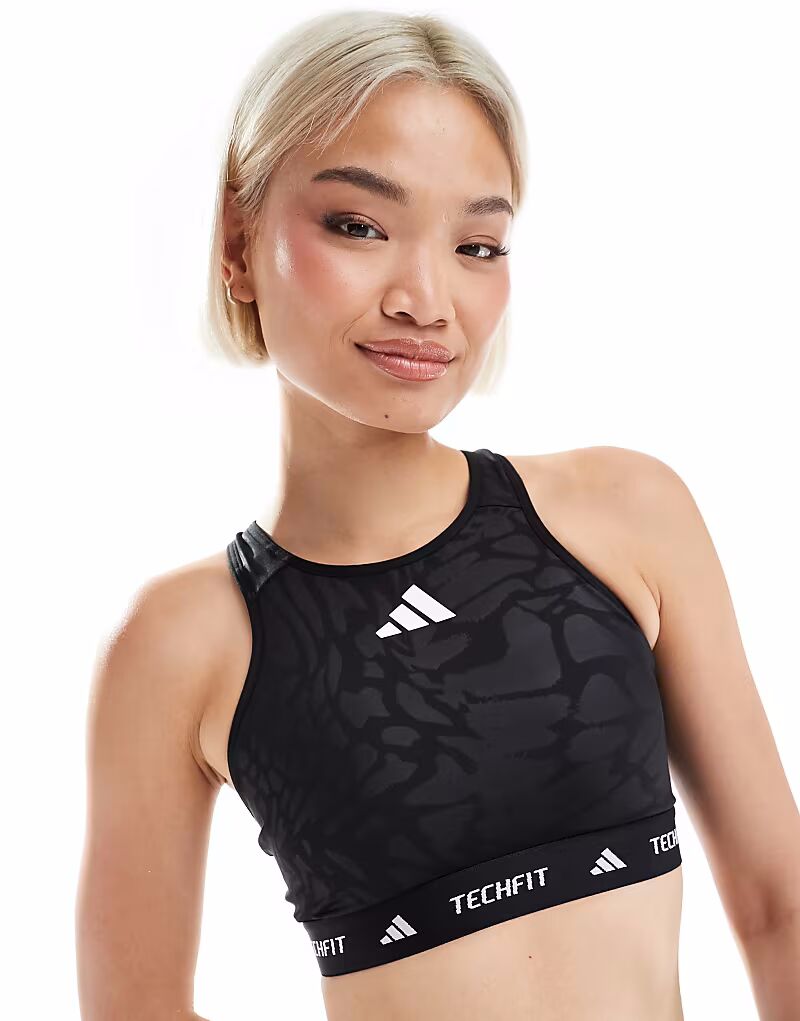 

Спортивный бюстгальтер Adidas Training Tech Fit с черным принтом Adidas Performance