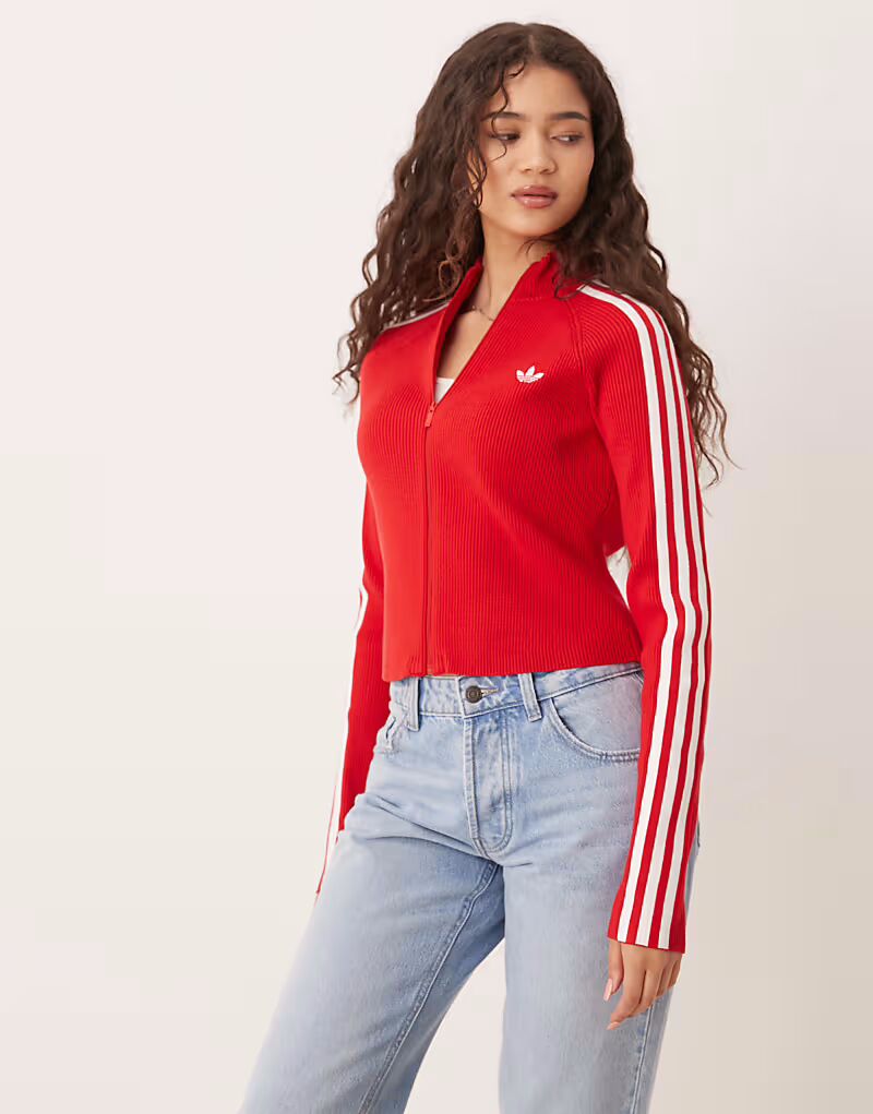 

Узкий трикотажный топ Adidas Originals Adicolor с тремя полосками в алом цвете