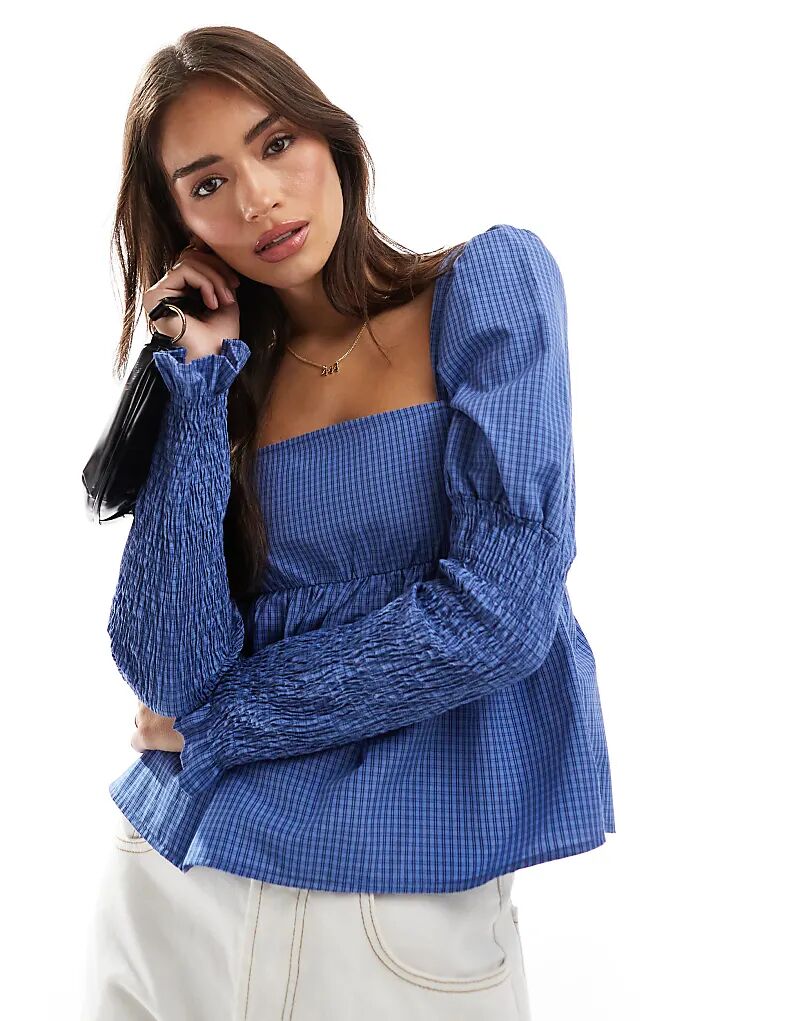 

Топ с присборенными рукавами в коричневую клетку ASOS DESIGN