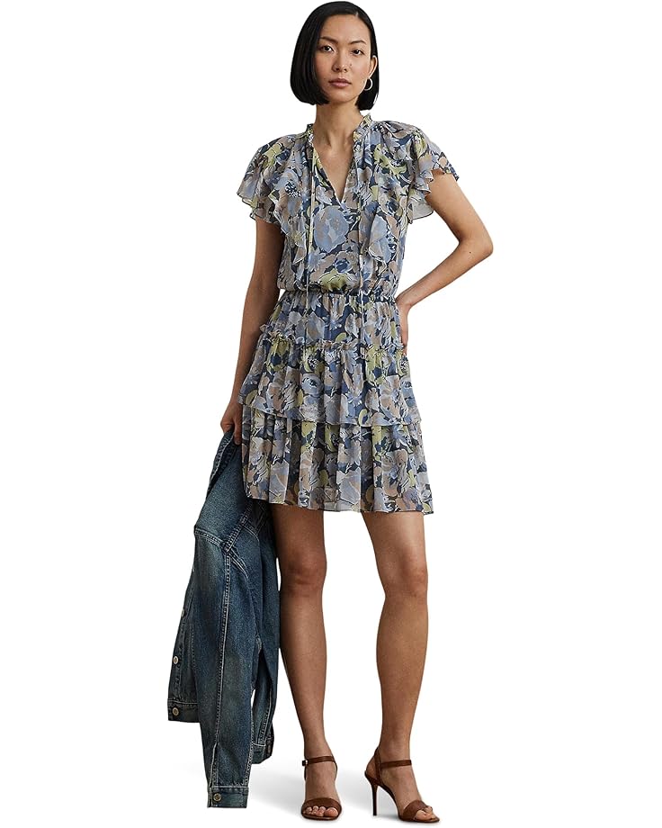 

Платье Lauren Ralph Lauren Floral Ruffle-Trim Georgette Dress, синий мульти