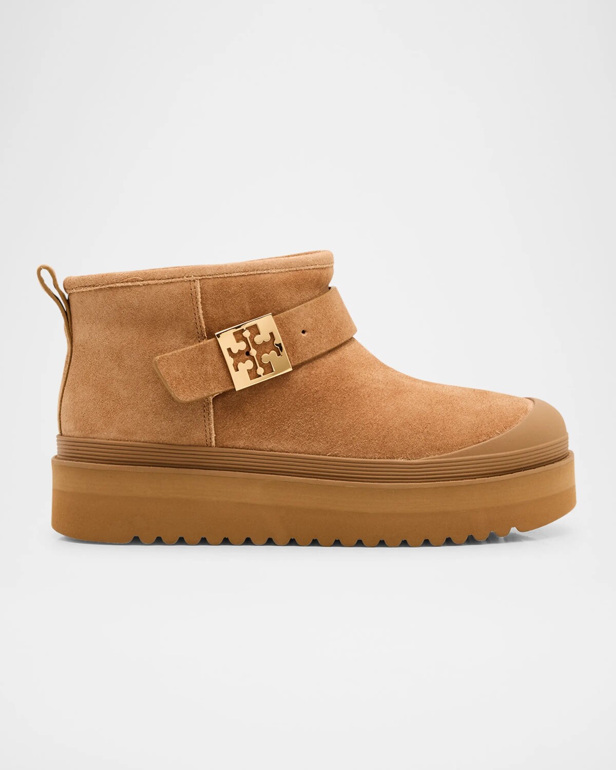 Мягкие замшевые ботильоны на платформе с пряжкой из овчины Tory Burch, цвет Light Chestnut  Gold