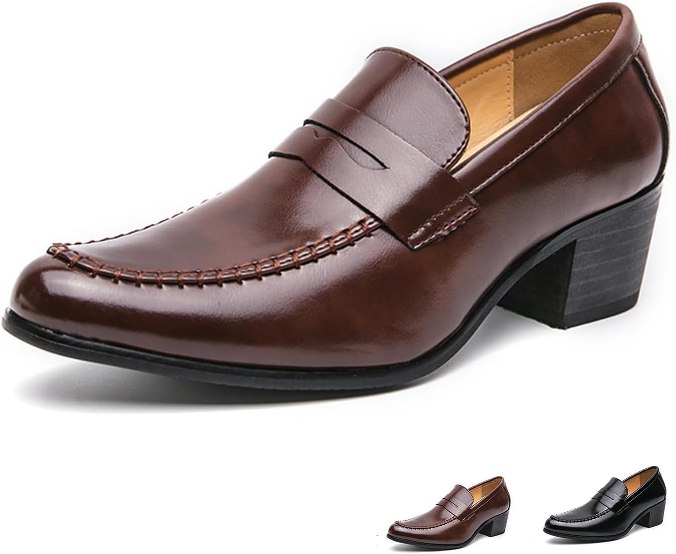 

Мужские кожаные оксфорды с острым носком и широким каблуком, классический стиль, низкий верх, высокие каблуки, слипоны Челси Generic, коричневый