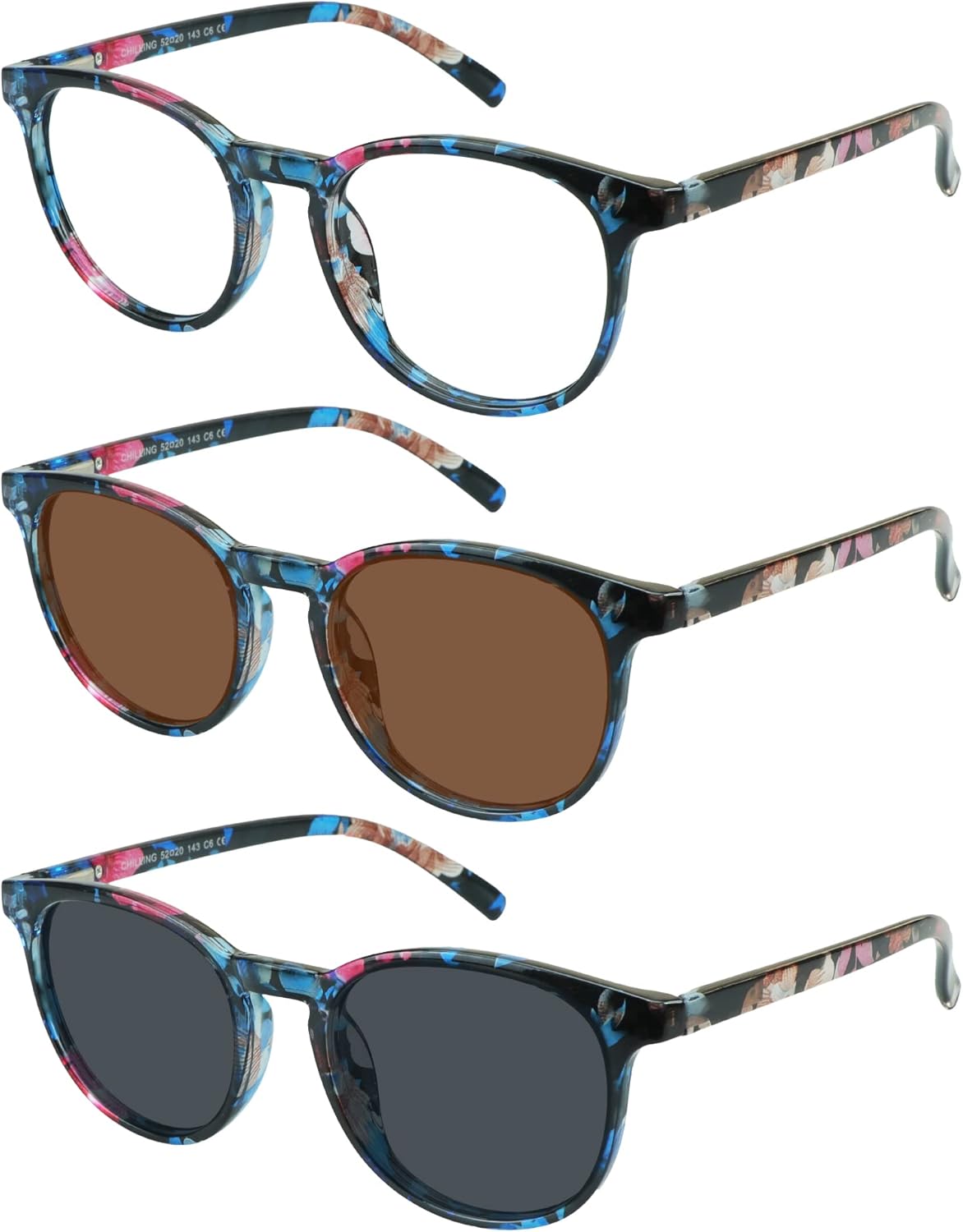 

YEIN Набор из 3 овальных солнцезащитных очков для женщин и мужчин в стиле ретро, ​​модные линзы 3 цветов (включая очки для защиты от синего света), Chilling_pink Flower