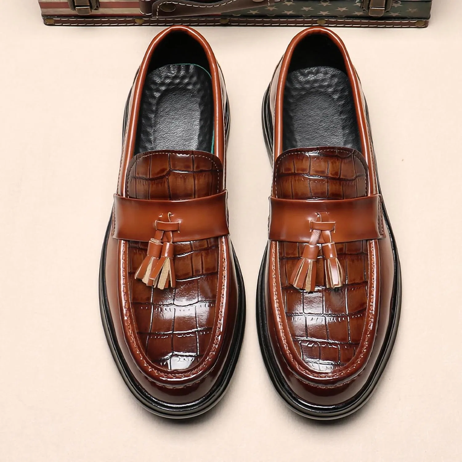 Лоферы с кисточками, Croc Pattern, PU кожа, Men's, Penny Loafers, Light Brown — фото 4