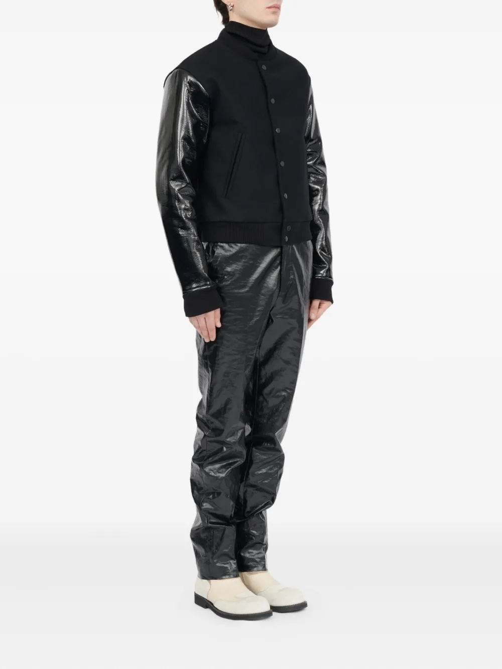 Шерстяная куртка с кожаными рукавами MM6 Maison Margiela, черный — фото 3