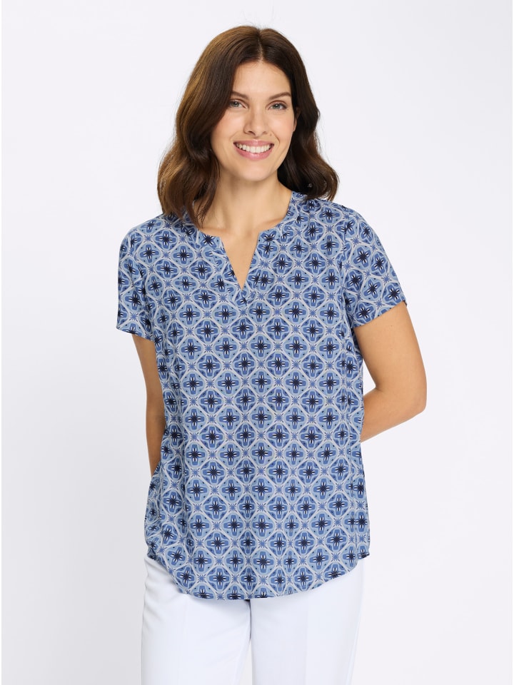 

Блузка-слипон джинсово-синего цвета с принтом экрю Sieh an!