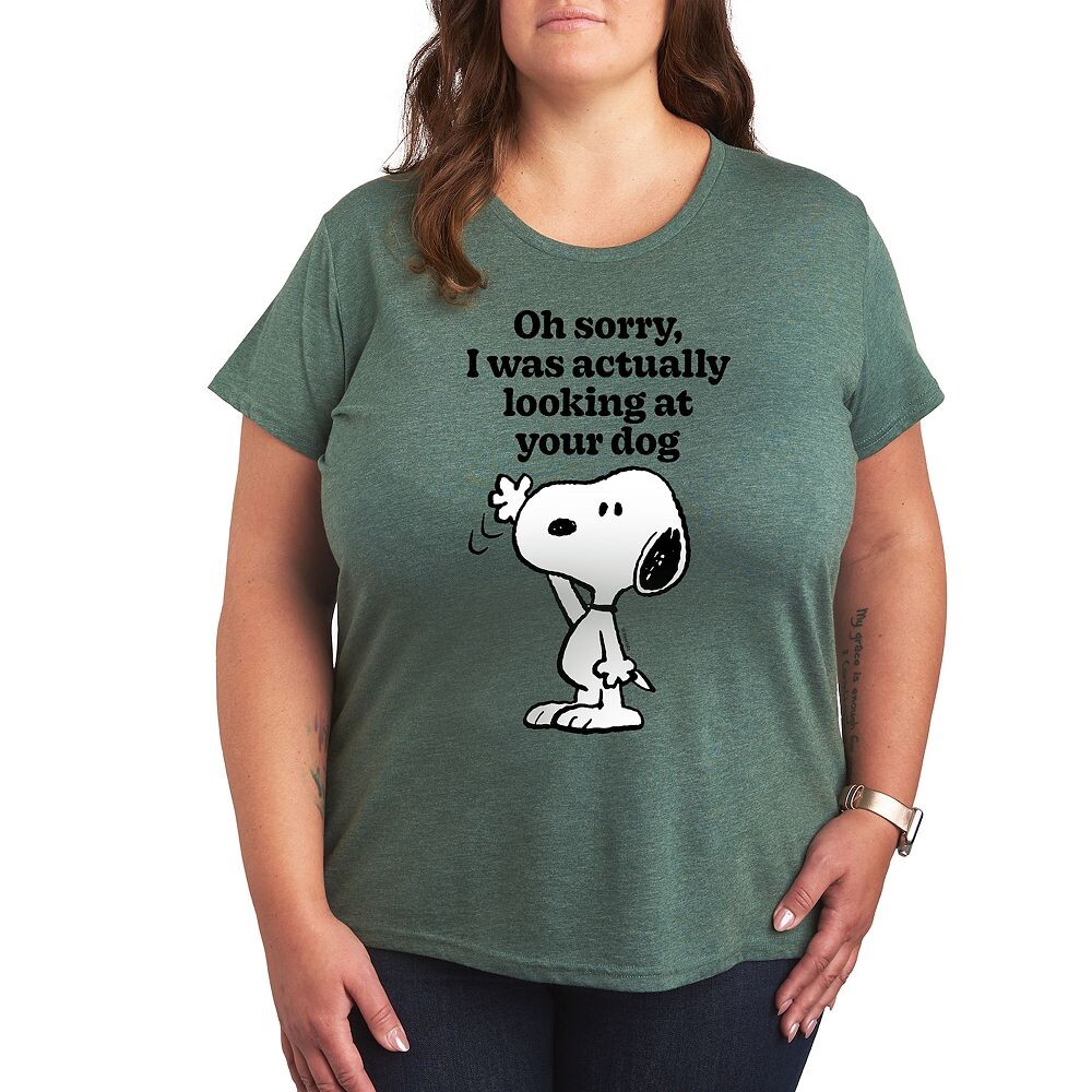 

Футболка с рисунком Plus Peanuts Snoopy Looking at Your Dog Licensed Character, цвет Heather Green