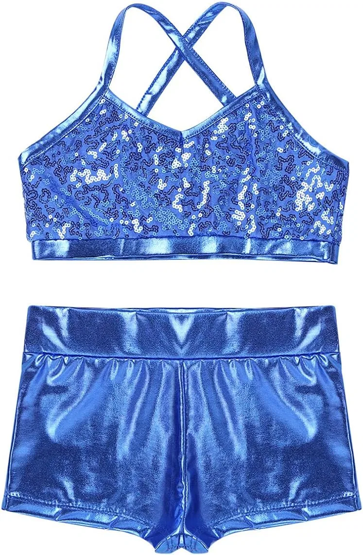 Детский спортивный костюм с пайетками Linjinx, топ и шорты, Light_blue — фото 3