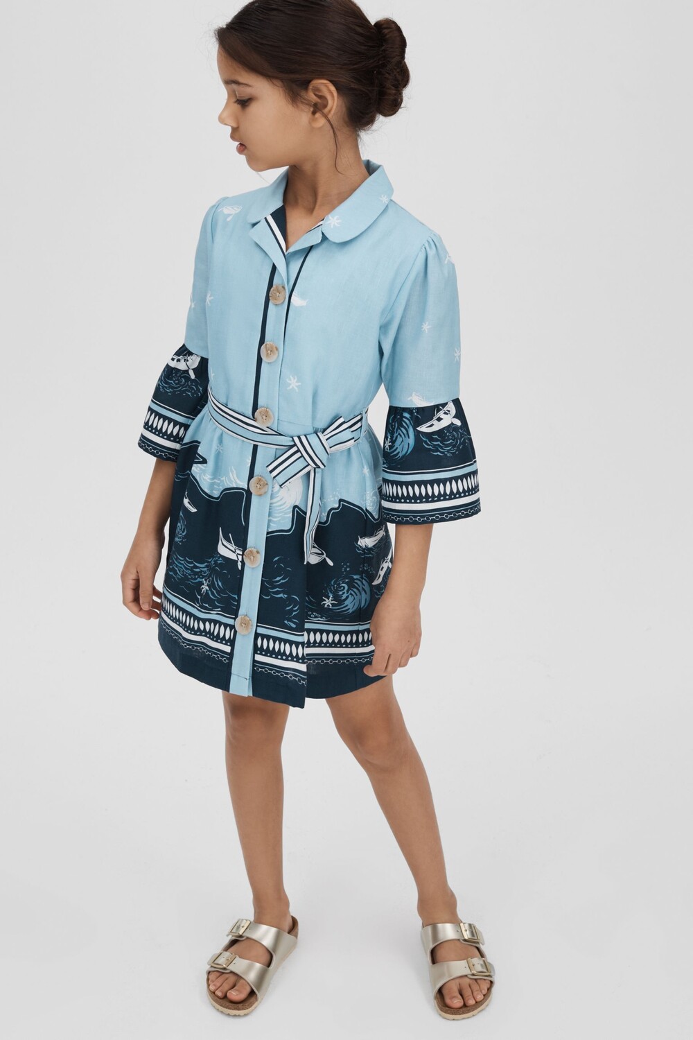 

Льняное платье-хэтти с расклешенными рукавами Reiss, синий