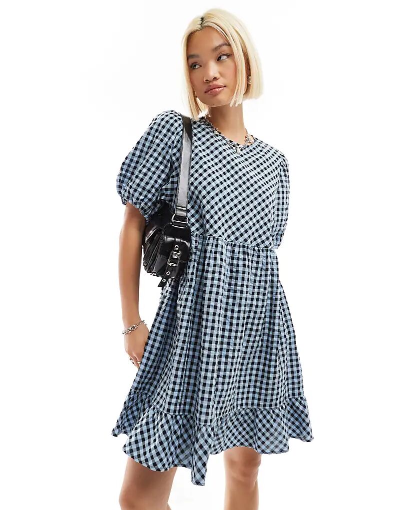 

Мини-платье с короткими рукавами в синюю клетку Monki