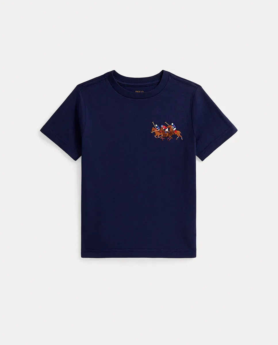Детская хлопковая футболка с тройной лошадью Polo Ralph Lauren, темно-синий