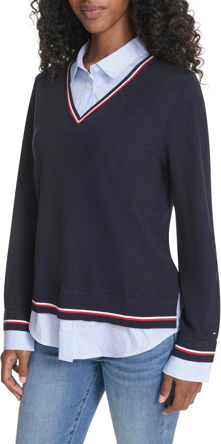 Женский свитер Tommy Hilfiger с длинным рукавом и воротником на пуговицах, Sky Captain Multi — фото 3