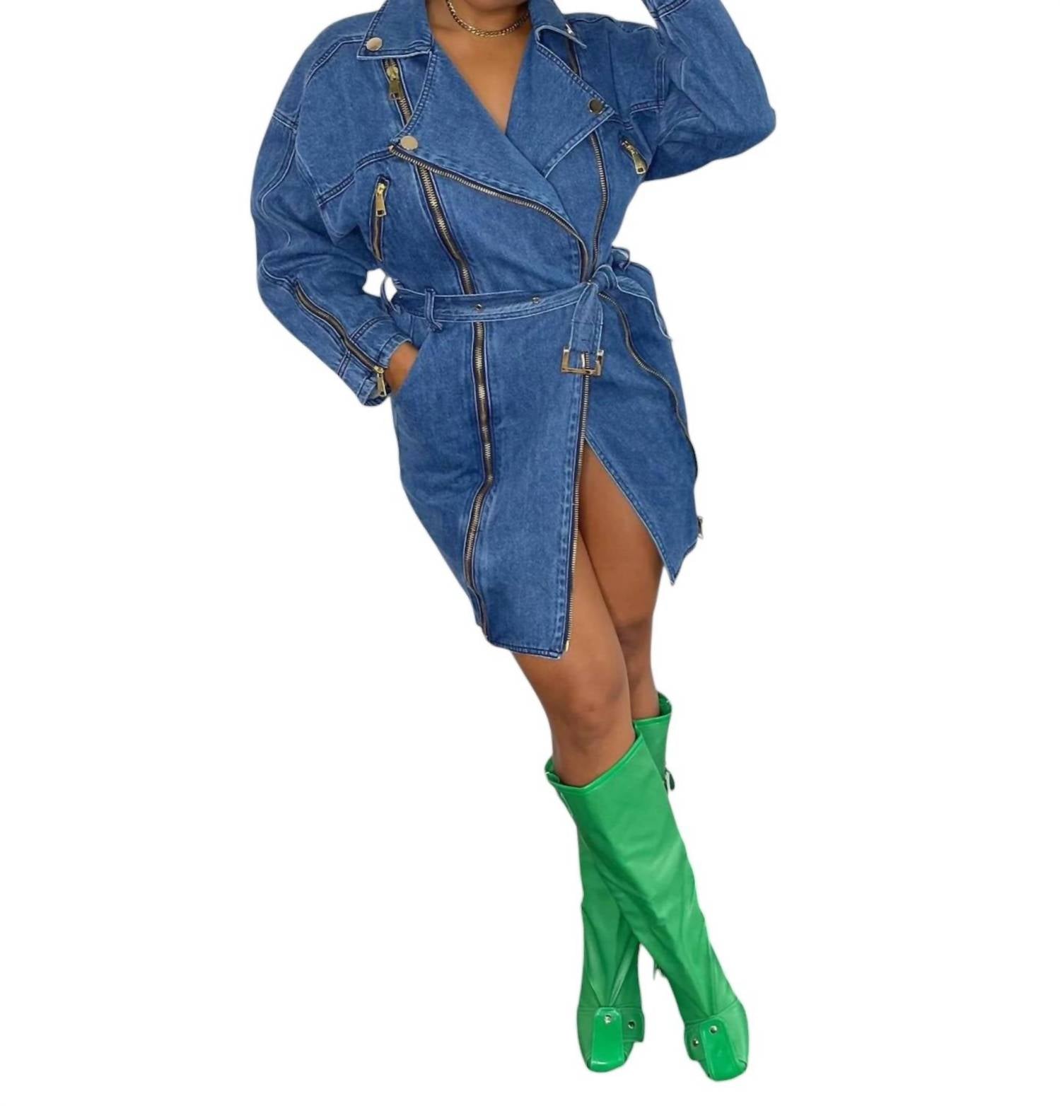 

Платье с поясом и молнией из денима SIGNATURE8, цвет denim