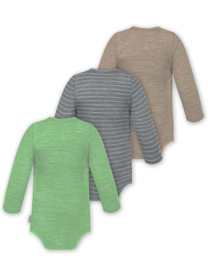 Normani Outdoor Sports Комплект из 3 детских боди с длинными рукавами из мериносовой шерсти, цвет Окленд, бежевый/серый/зеленый — фото 2