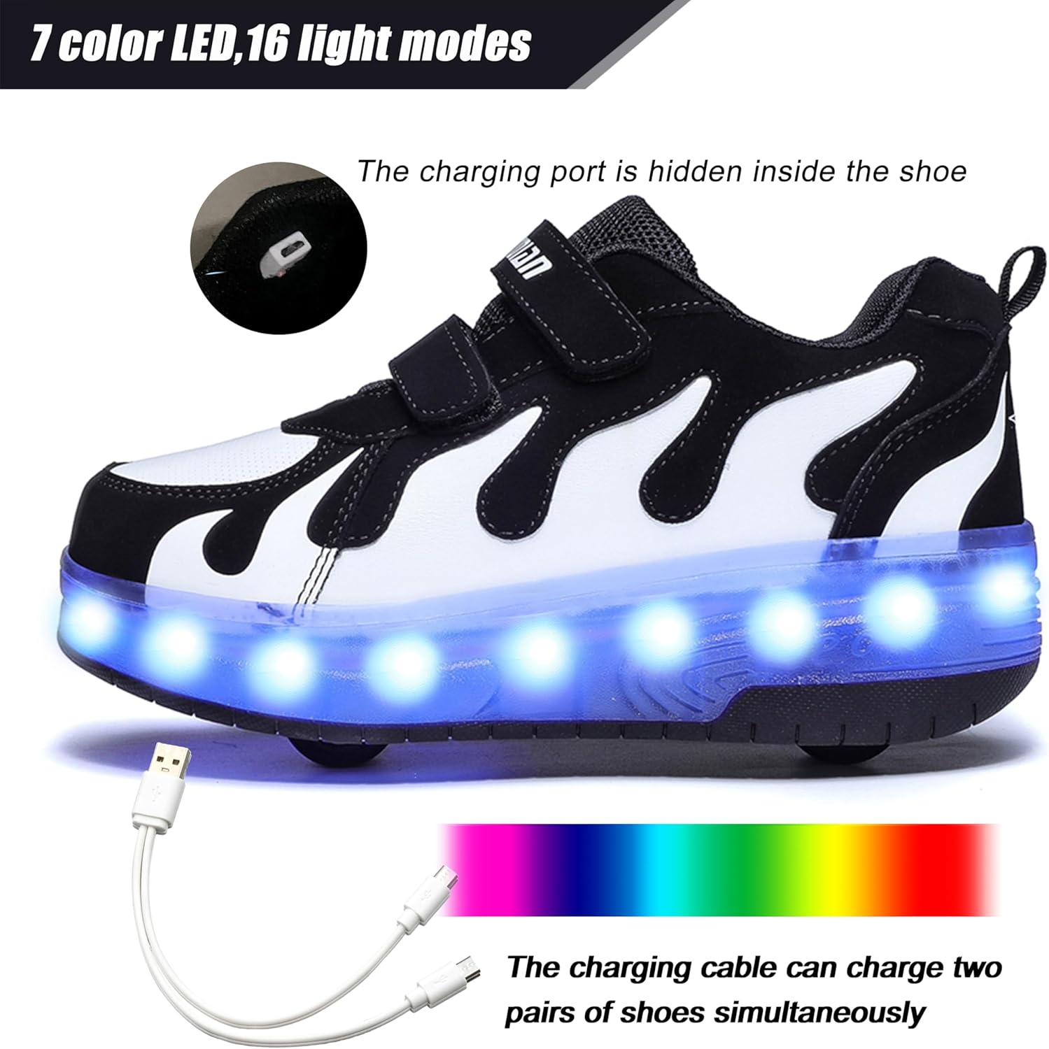 Детские роликовые кроссовки Aikuass с USB-подзарядкой и светящейся LED-подсветкой для мальчиков и девочек, белый/черный — фото 2