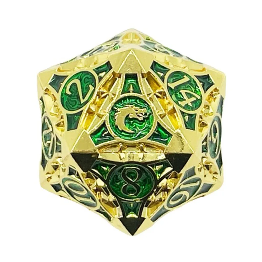 

40мм d20 - Золото с зеленым, Metal Dice - Gnome Forged