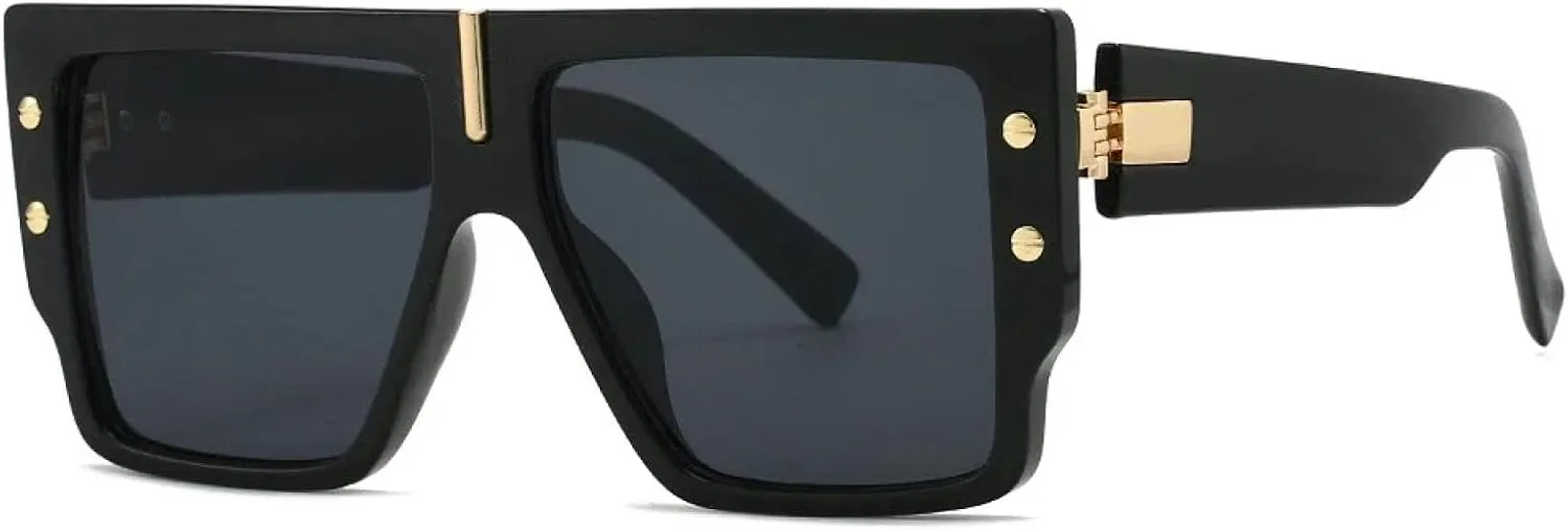 

Роскошные солнцезащитные очки с плоской верхней частью для женщин и мужчин, винтажные, увеличенного размера, популярные, с заклепками TVTBBVV, Black Black