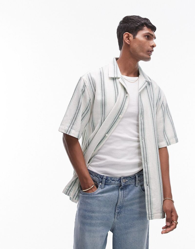 

Topman - Рубашка с коротким рукавом крючком в зеленую полоску