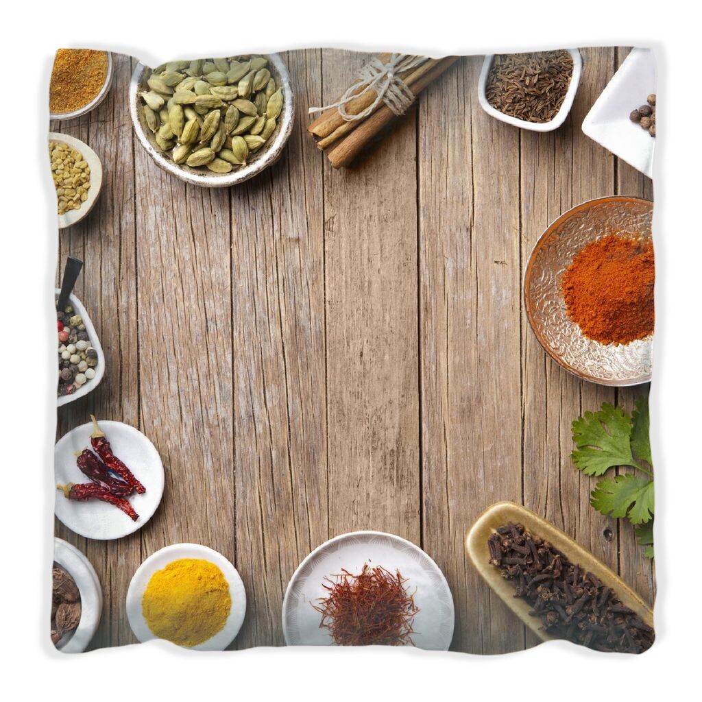 

Подушка Wallario Premium, мягкая поверхность, с мотивом специй в мисках на старом деревянном столе на кухне, размер: 40 х 40 см, с белой спинкой