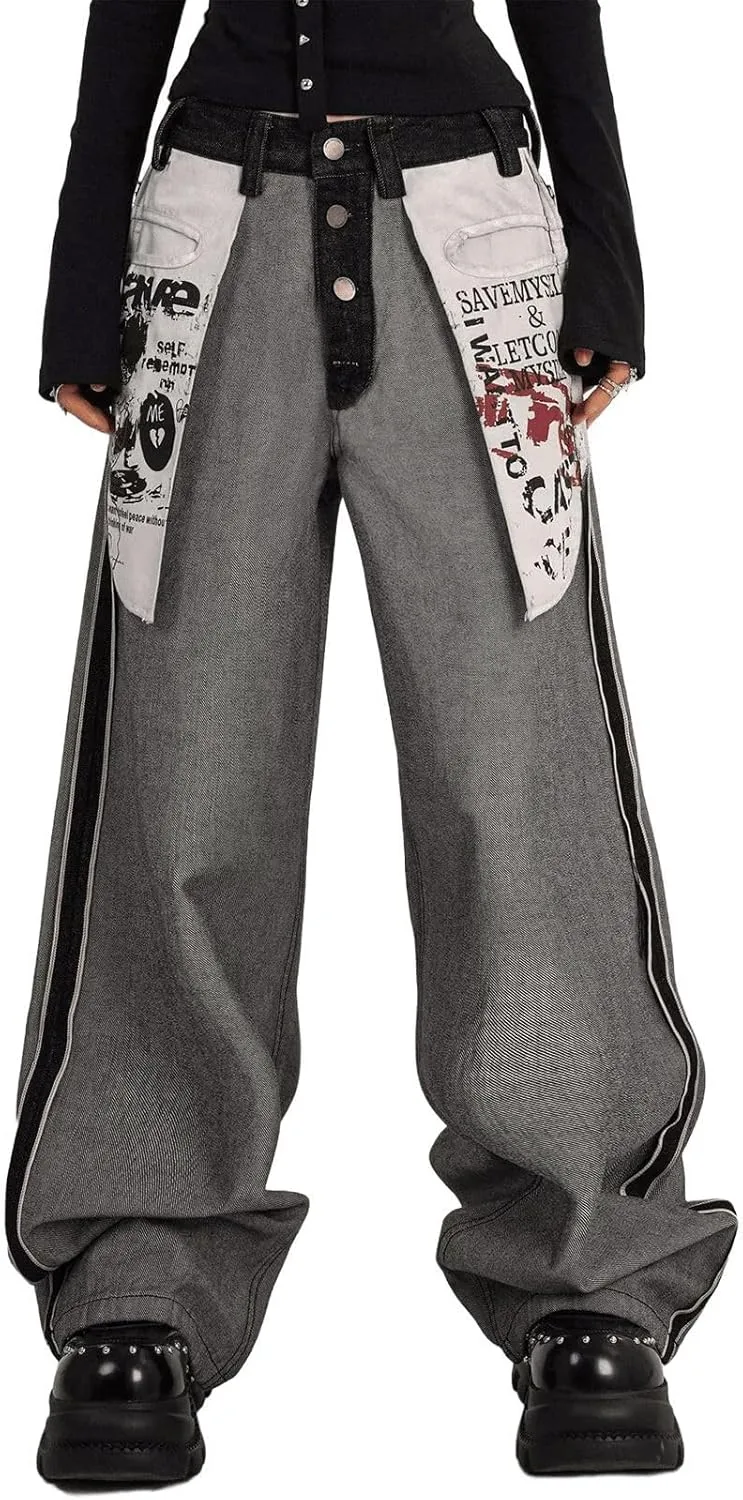 

Джинсы женские high waisted baggy flare серые с принтом FEUSEUZ