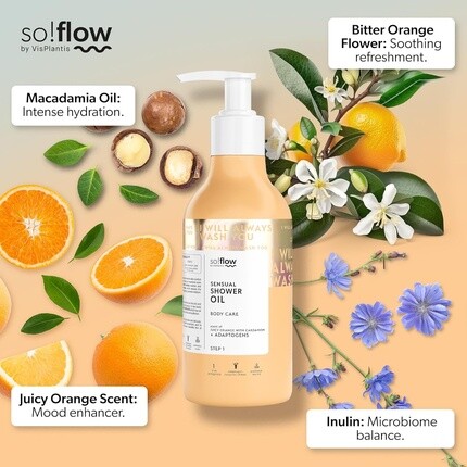 Масло для душа Radiant Glow с сочным апельсином и кардамоном, обогащенное экстрактом цветка Citrus Aurantium Amara для свежести кожи So!Flow — фото 3