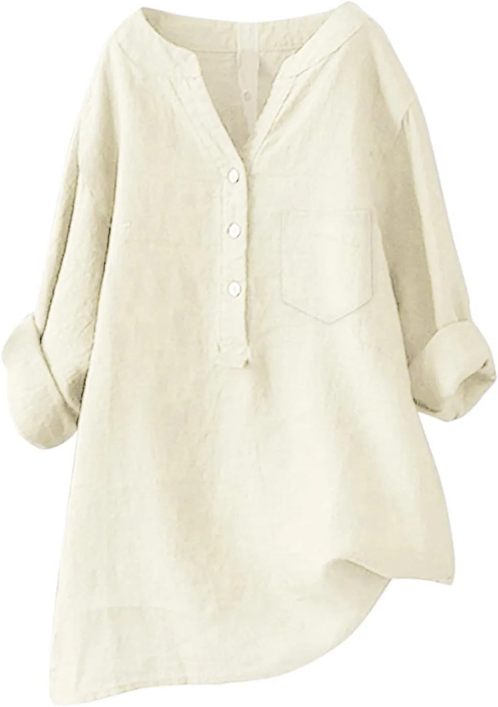 Блуза женская из хлопка и льна, длинный рукав, однотонная, Beige