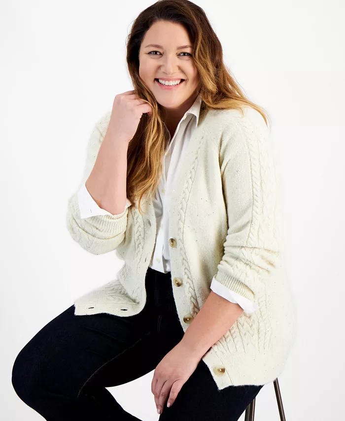 

Кардиган с кабельной вязкой и пайетками Plus Size Style & Co, коричневый/бежевый