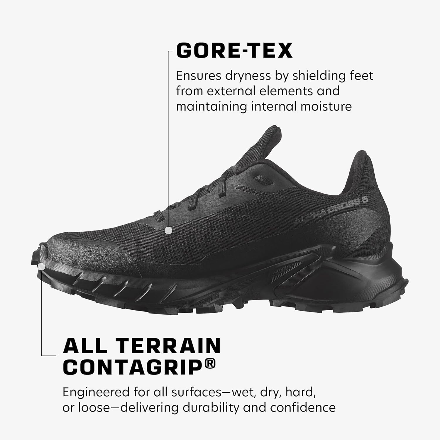 Кроссовки Salomon mens Alphacross 5 Gore-tex for Men, Black/Black/Ebony — фото 3