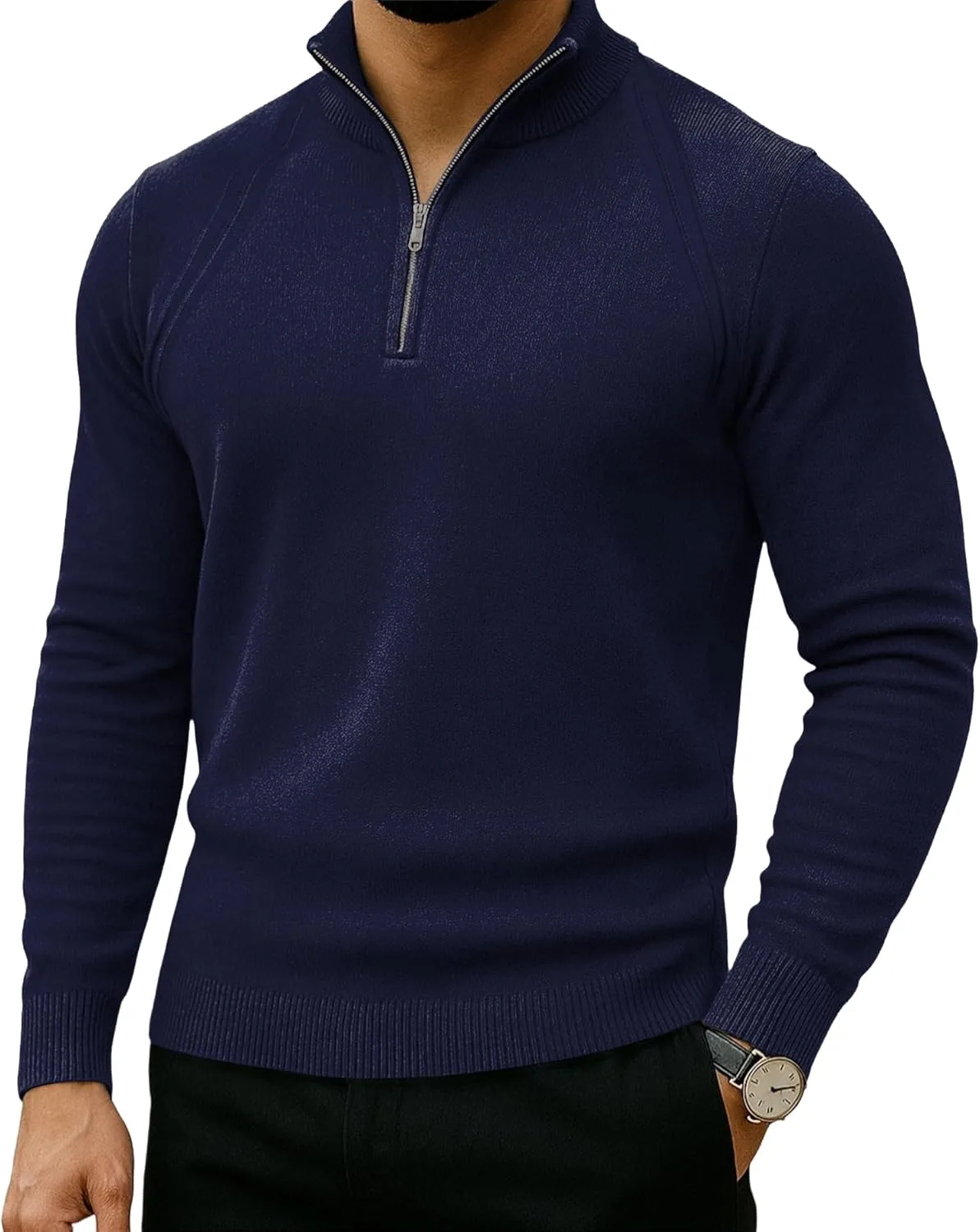 

Мужской вязаный свитер с четвертью молнией, длинным рукавом и рифленой вязкой Saiji Friends