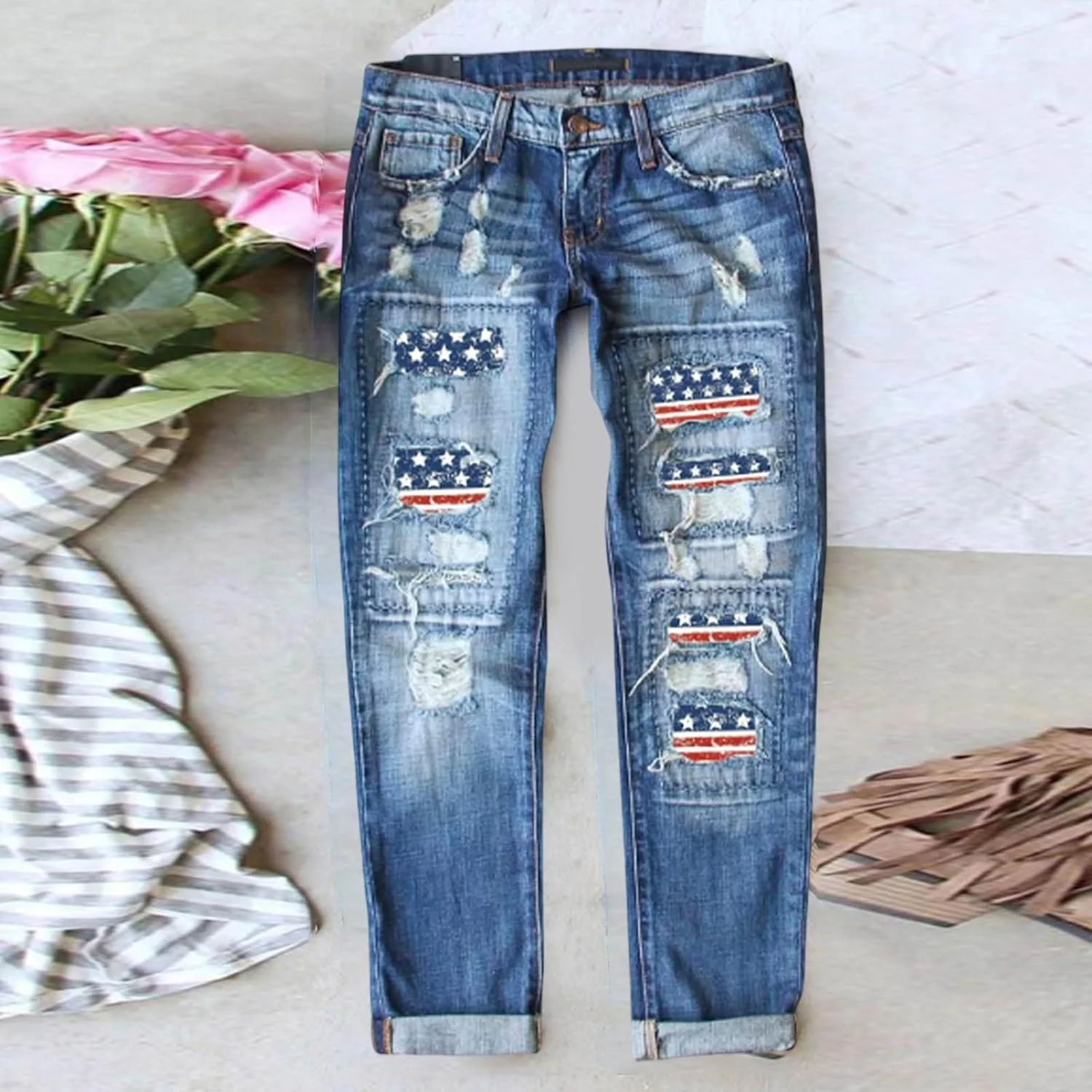 Рваные джинсы для женщин plaid patch boyfriend distressed stretch skinny — фото 2