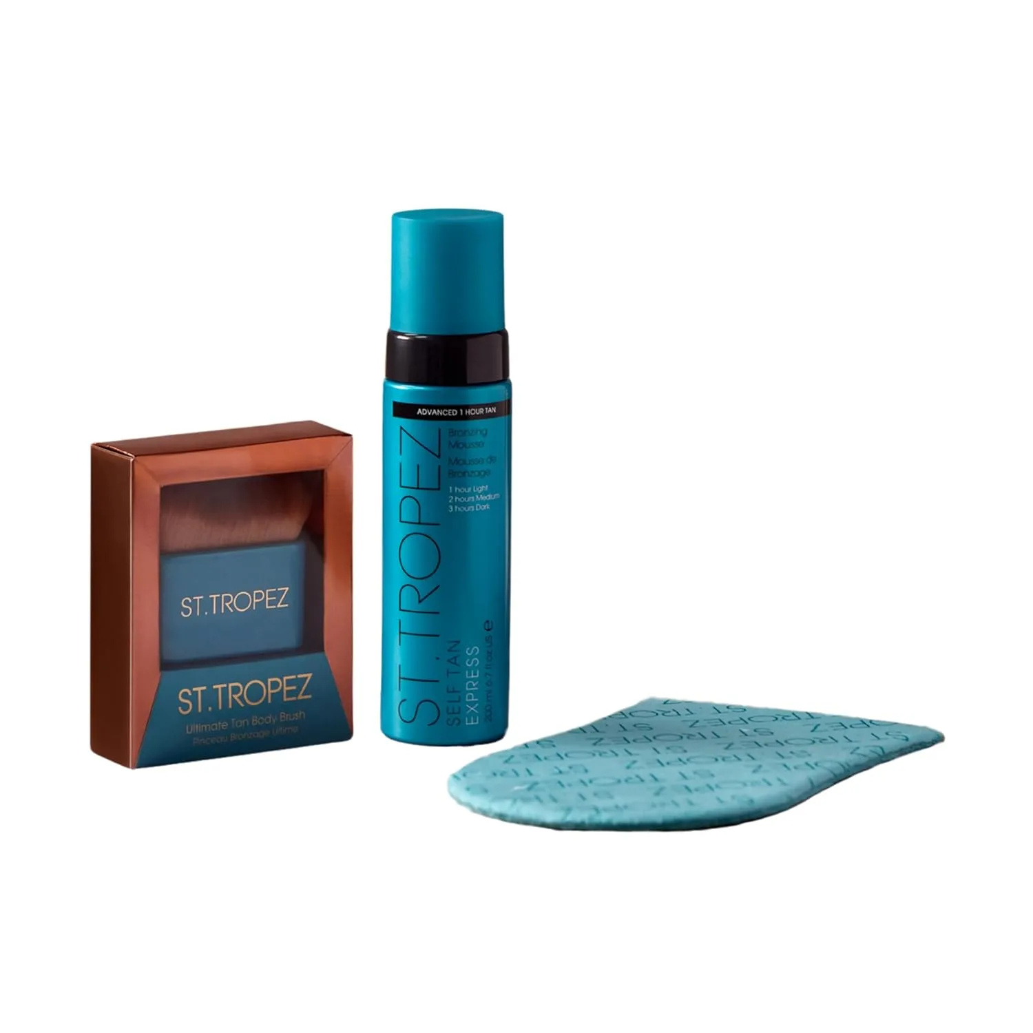 Экспресс-набор St.Tropez: мусс для автозагара Light/Medium/Dark 1-3 hr Express Mousse объемом 6,7 жидких унций, двусторонняя рукавица-аппликатор для автозагара и кисть для тела Ultimate Flawless Tan. 65,9 мл (3 шт.)